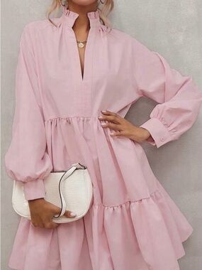 Blush Pink Tiered Ruffle Neck Midi Dress